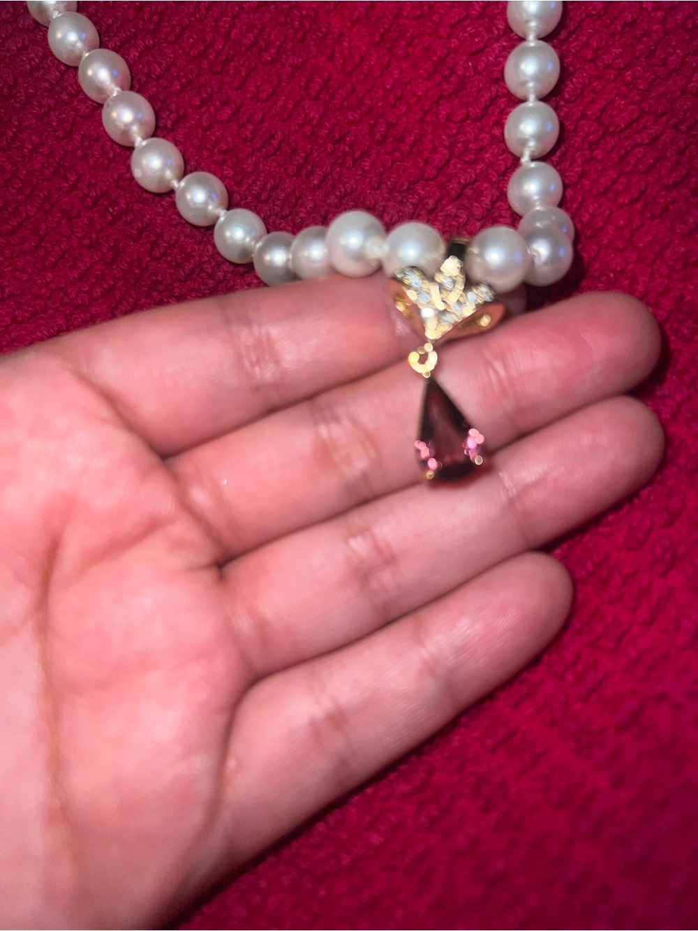 Pearl Necklace with Purple Teardrop Pendant - Unbranded